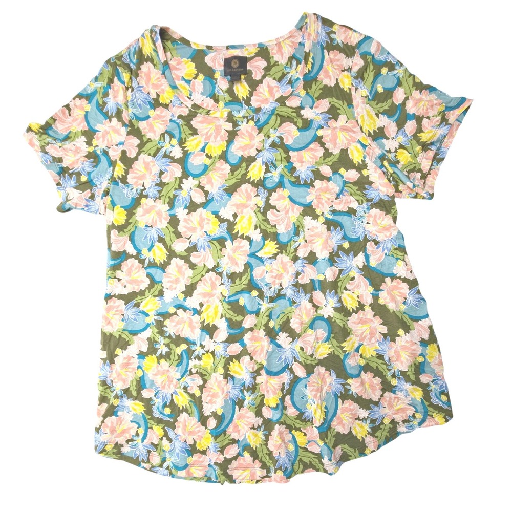JM Collection Top Womens Plus 2X Avocado Garden Floral Scoop Neck Short Sleeve - Picture 2 of 6